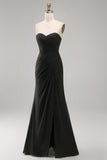 Black Chiffon Ruched Sheath Strapless Long Formal Dress with Slit
