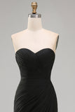 Black Chiffon Ruched Sheath Strapless Long Formal Dress with Slit