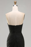 Black Chiffon Ruched Sheath Strapless Long Formal Dress with Slit