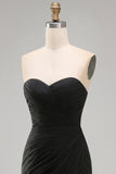 Black Chiffon Ruched Sheath Strapless Long Formal Dress with Slit