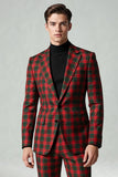 Red Black Plaid Notched Lapel 2 Piece Men's Prom Suits