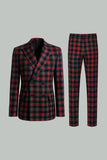Black Red Grid Peak Lapel Double Breasted 2 Piece Men's Prom Suits
