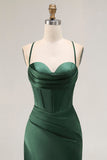 Dark Green Corset Satin Prom Dress With Slit
