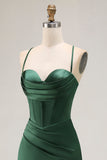 Dark Green Corset Satin Prom Dress With Slit