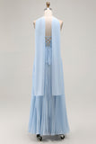 Strapless Sky Blue A Line Pleated Bridesmaid Dress with Halter Scarf