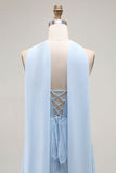 Strapless Sky Blue A Line Pleated Bridesmaid Dress with Halter Scarf