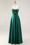 Strapless A Line Dark Green Satin Cut-Out Wedding Guest Dress