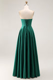 Strapless A Line Dark Green Satin Cut-Out Wedding Guest Dress