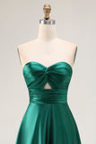 Strapless A Line Dark Green Satin Cut-Out Wedding Guest Dress