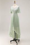 Sage Green A Line Pleated High Low Bridesmaid Dress with Short Sleeves