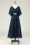 Navy A Line V Neck Long Choir Dress with Embroidery