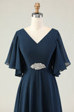 Navy A Line Appliqued V Neck Mother of the Bride Dress with Rhinestones