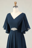 Navy A Line Appliqued V Neck Mother of the Bride Dress with Rhinestones
