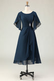 Navy Ruched A Line Midi Mother of the Bride Dress with Rhinestones