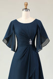 Navy A Line Ruched Chiffon Midi Choir Dress with Beading