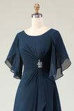 Navy Ruched A Line Midi Mother of the Bride Dress with Rhinestones