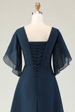 Navy A Line Ruched Chiffon Midi Choir Dress with Beading