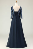 Navy A Line Appliqued Boat Neck Long Choir Dress with 3/4 Sleeves