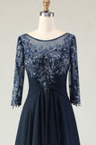 Navy Appliqued A Line Long Mother of the Bride Dress with Sleeves