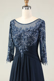 Navy A Line Appliqued Boat Neck Long Choir Dress with 3/4 Sleeves