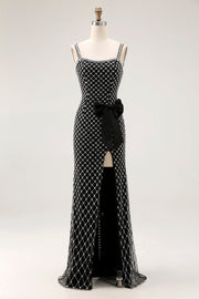 Black Beaded Mermaid Spaghetti Straps Pearl Side Bow Long Prom Dress with Slit