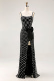 Black Beaded Mermaid Spaghetti Straps Pearl Side Bow Long Prom Dress with Slit