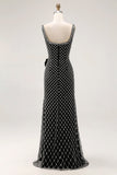 Black Beaded Mermaid Spaghetti Straps Pearl Side Bow Long Prom Dress with Slit