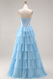 Blue Strapless Corset A-Line Tiered Ruffled Long Prom Dress with Slit