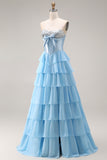 Blue Strapless Corset A-Line Tiered Ruffled Long Prom Dress with Slit