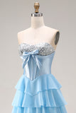 Blue Strapless Corset A-Line Tiered Ruffled Long Prom Dress with Slit