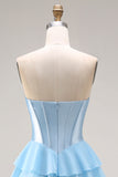 Blue Strapless Corset A-Line Tiered Ruffled Long Prom Dress with Slit