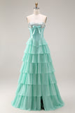 Blue Strapless Corset A-Line Tiered Ruffled Long Prom Dress with Slit