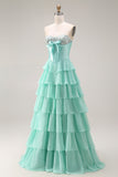 Blue Strapless Corset A-Line Tiered Ruffled Long Prom Dress with Slit