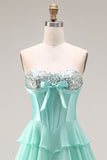 Blue Strapless Corset A-Line Tiered Ruffled Long Prom Dress with Slit