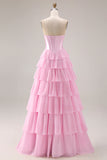 Pink Strapless A-Line Tiered Corset Sequin Long Prom Dress with Slit