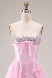 Pink Strapless A-Line Tiered Corset Sequin Long Prom Dress with Slit