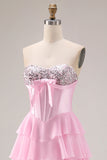Pink Strapless A-Line Tiered Corset Sequin Long Prom Dress with Slit