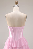 Pink Strapless A-Line Tiered Corset Sequin Long Prom Dress with Slit