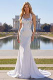 White Beaded Halter Mermaid Satin Long Prom Dress