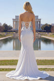 White Beaded Halter Mermaid Satin Long Prom Dress