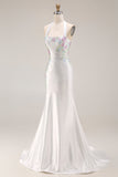 White Beaded Halter Mermaid Satin Long Prom Dress