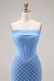 Blue Strapless Corset Beaded Pearls Mermaid Long Prom Dress with Slit