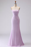 Simple Mermaid Strapless Corset Frosted Lilac Satin Long Bridesmaid Dress