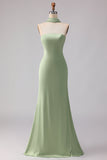 Strapless Dusty Sage Mermaid Satin Long Bridesmaid Dress with a Neck Scarf