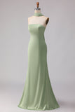 Strapless Dusty Sage Mermaid Satin Long Bridesmaid Dress with a Neck Scarf