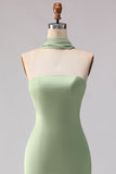 Strapless Dusty Sage Mermaid Satin Long Bridesmaid Dress with a Neck Scarf