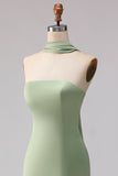 Strapless Dusty Sage Mermaid Satin Long Bridesmaid Dress with a Neck Scarf