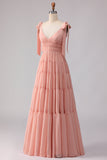 Blush A Line Bow Straps Ruched Open Back Chiffon Long Bridesmaid Dress