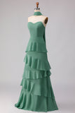 Green A-Line Ruffled Sweetheart Long Bridesmaid Dress with a Neck Scarf
