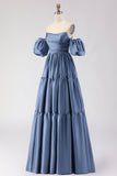 Steel Blue Off The Shoulder Satin A-Line Long Prom Dress with Removable Sleeves